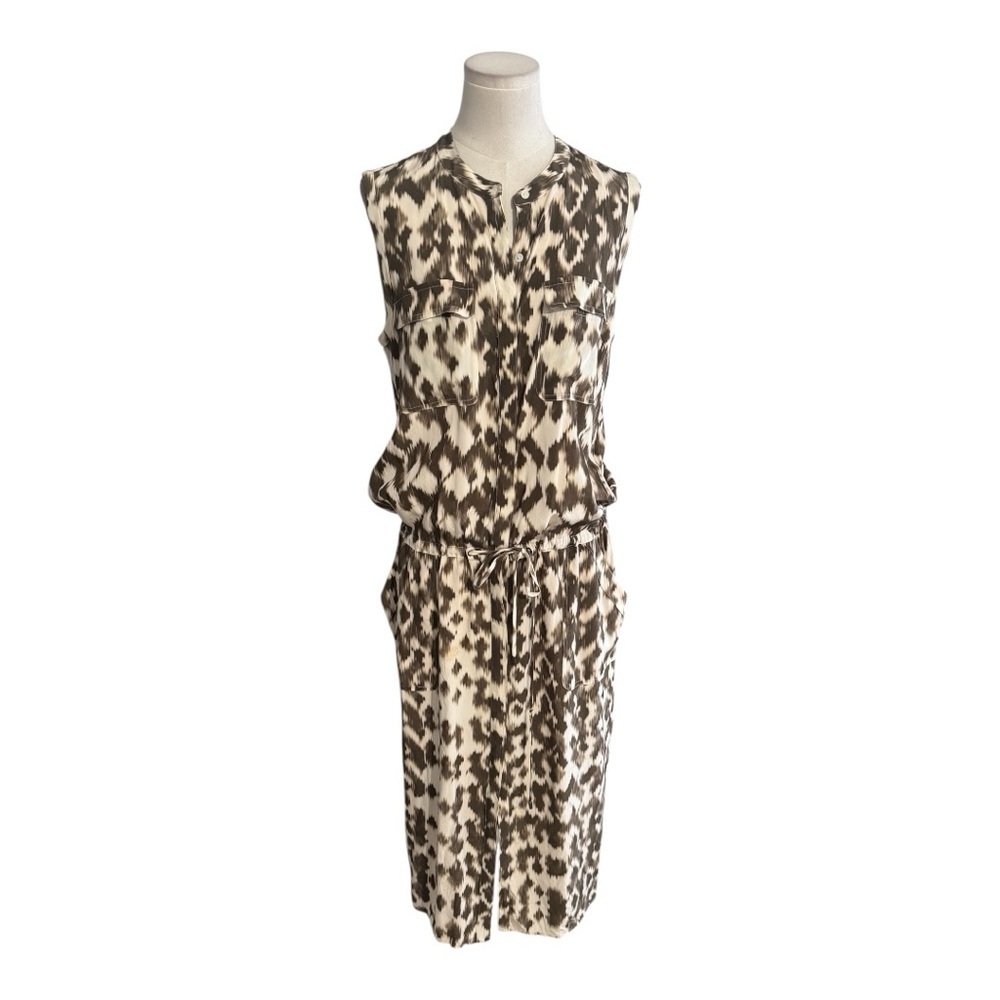 VINCE Ikat Print Cargo 100% Silk Midi Dress Brown Cream Sleeveless Size M Casual - Picture 2 of 10